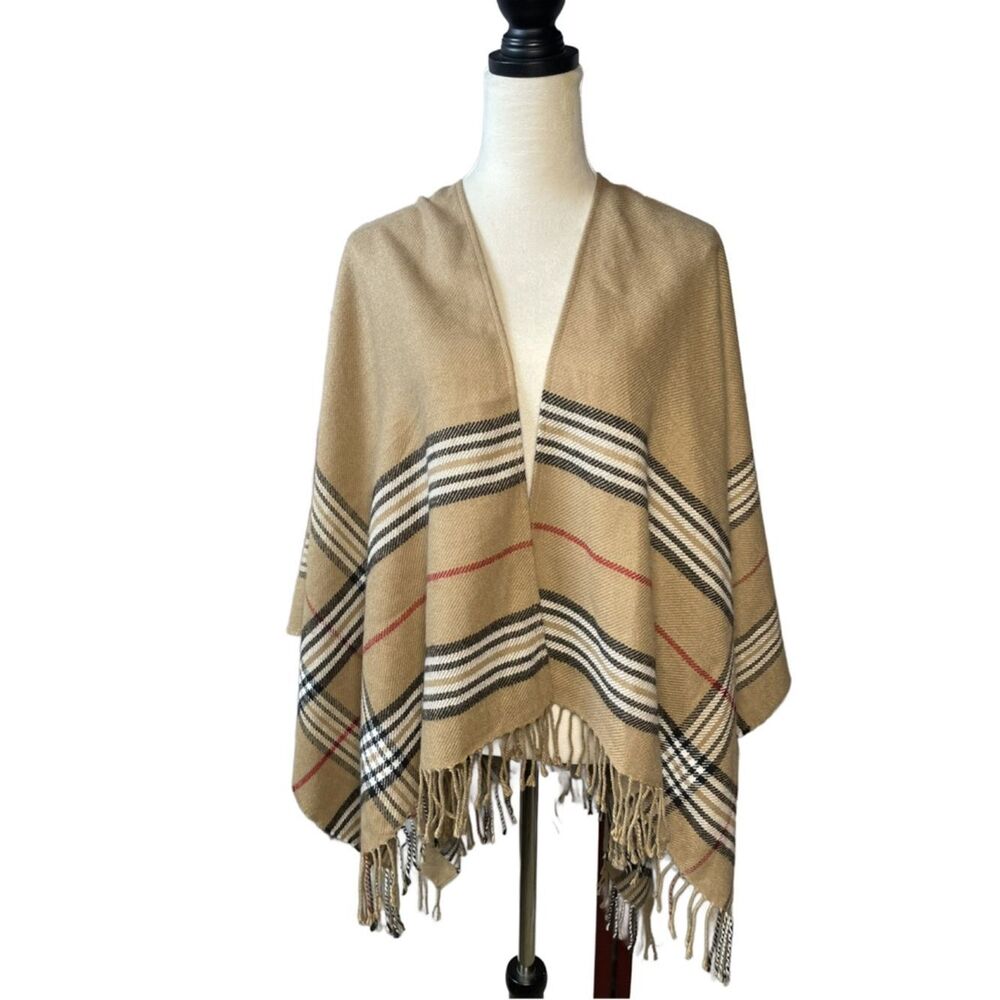 V. Fraas Classic Tan Plaid Shawl Wrap with Fringe Accents (OS) Like New!